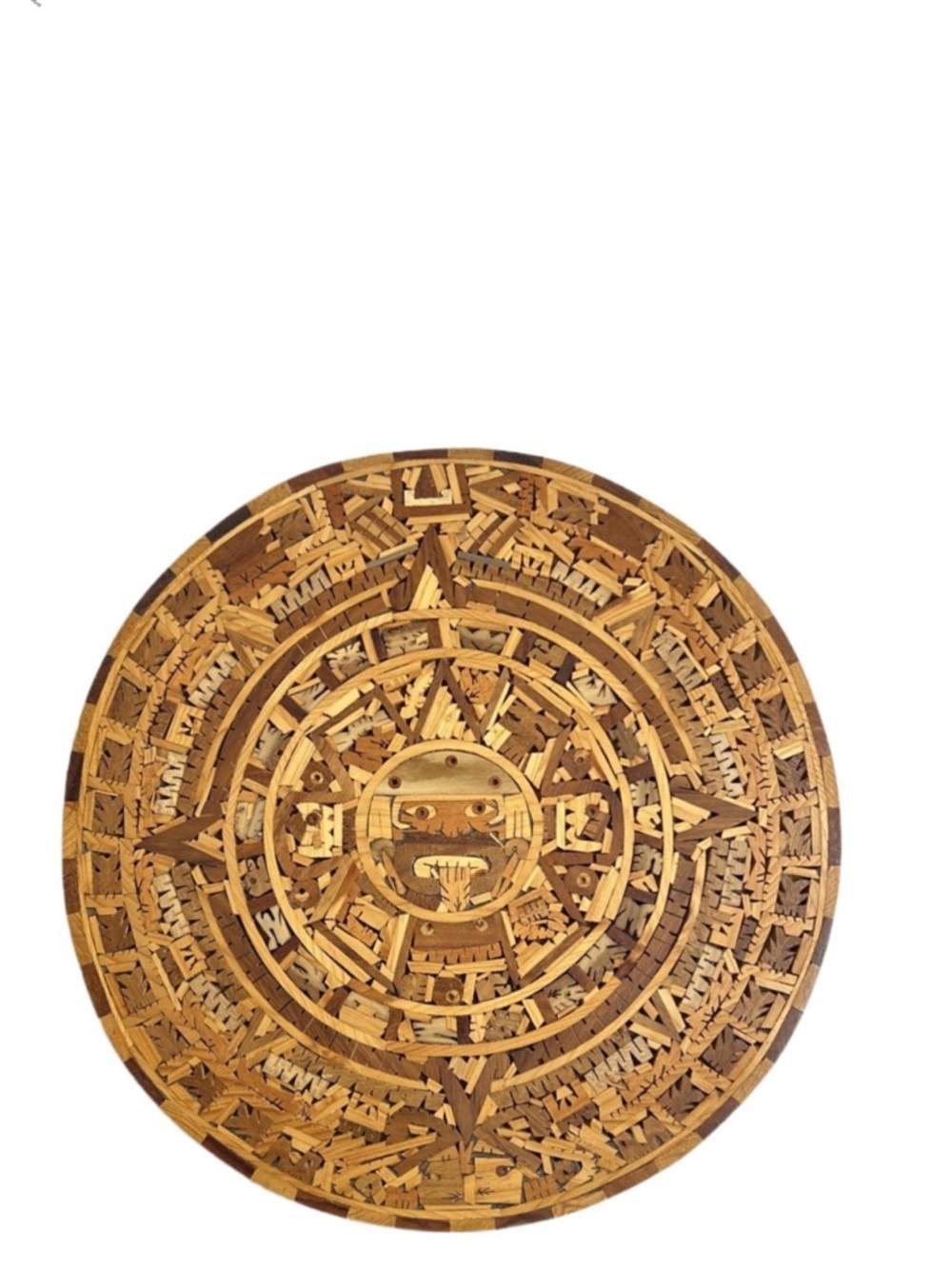 Vintage Mosaic Aztec Art Decor Calendar Tonatiuhs Face Hand Carved Exotic Woods‎
